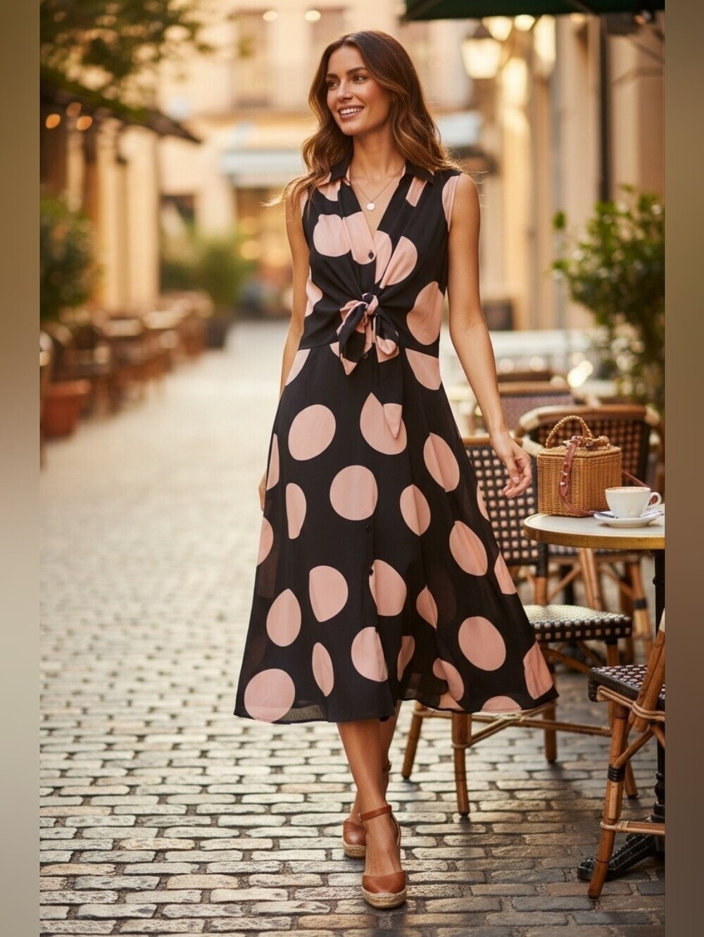 Gracia Cap Sleeve Black/ Blush Pink Polka Dot Dress With Ribbon Tie Size Medium - Picture 9 of 14